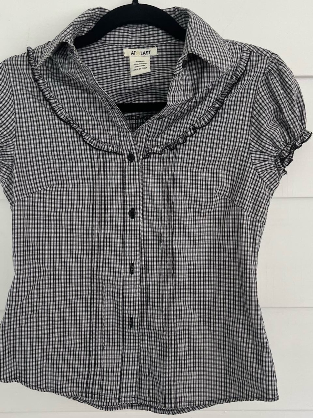 Y2K At Last Black and White Gingham Ruffle-Collar Button Front Blouse